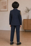 Boys Navy Blue Embroidered Coat Suit With Waistcoat And Bow Tie