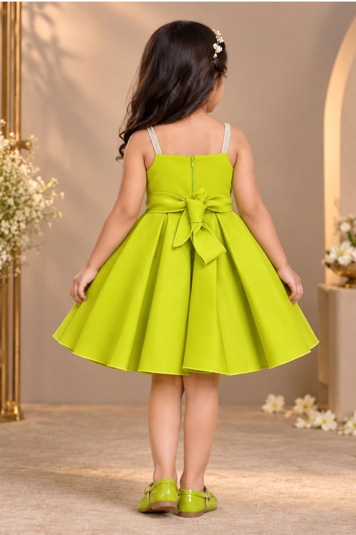 Lime Green Floral Appliqué Party Wear Frock with Pleated Skirt For Girls
