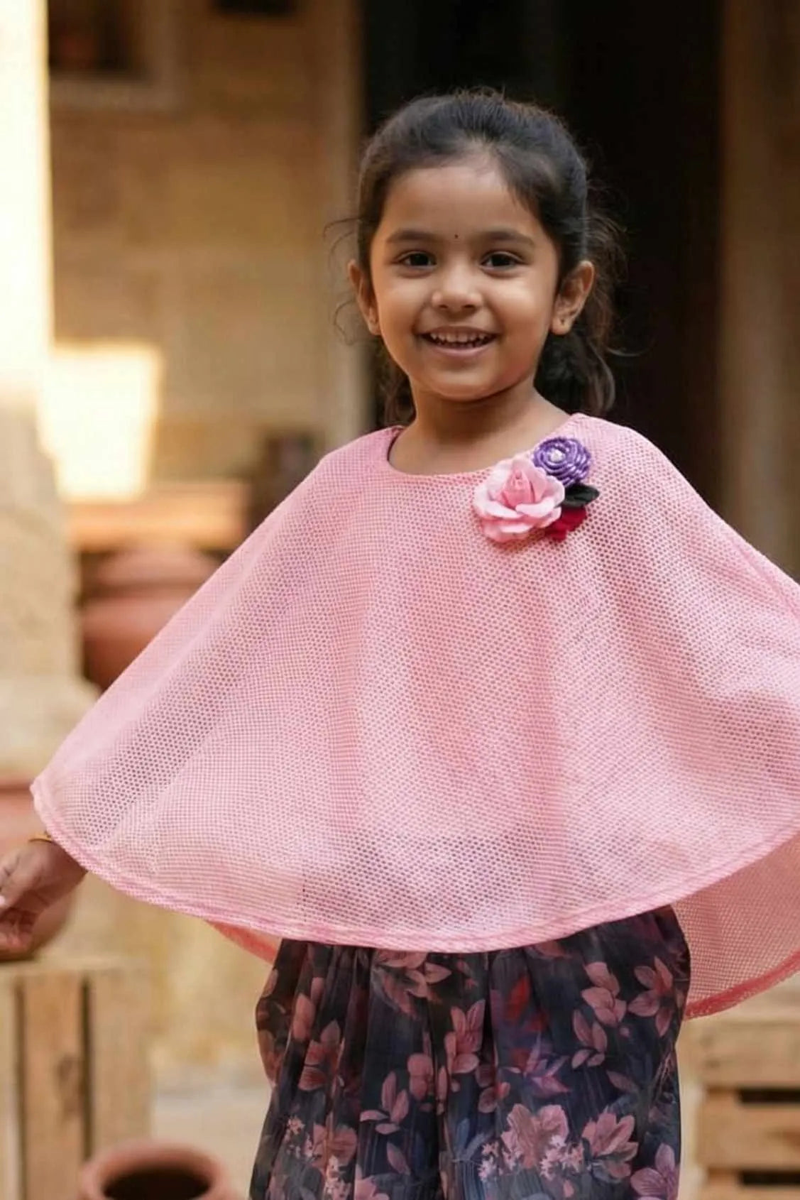 Pink Top With Floral Dhoti Pants Set For Girls