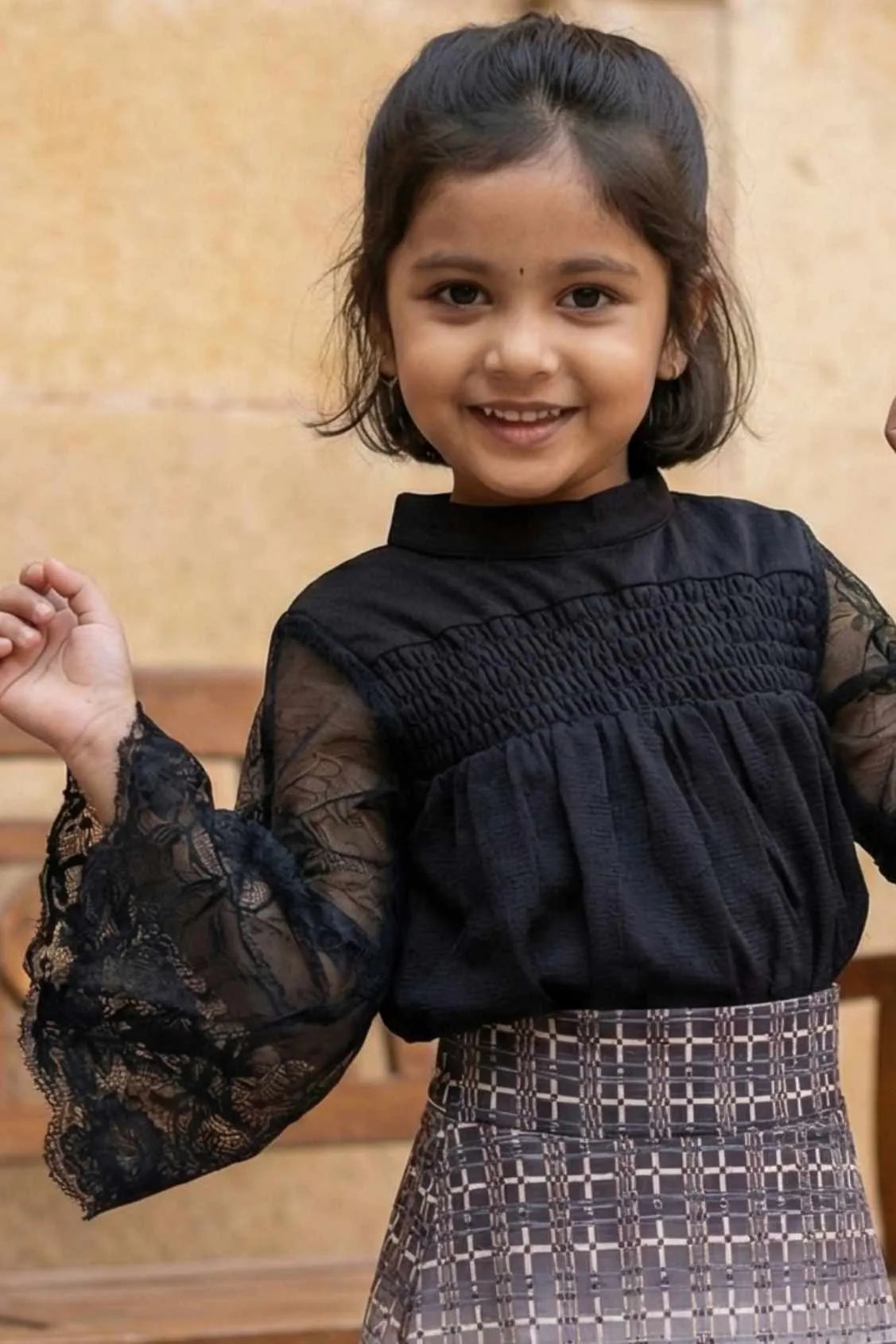 Black Top With Checked Skirt Set For Girls