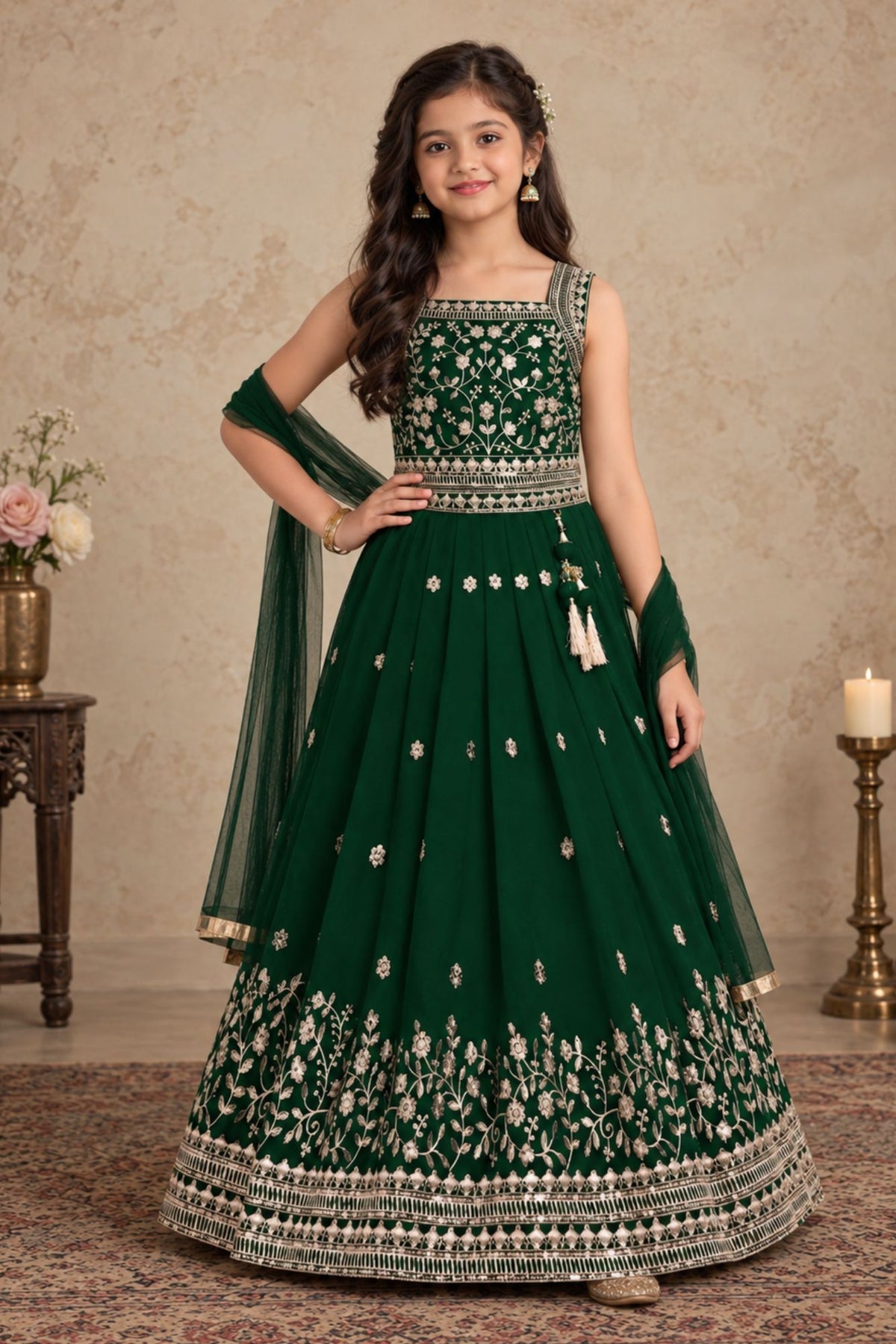Girls Emerald Green Floral Zari Embroidered Lehenga Choli Set With Dupatta