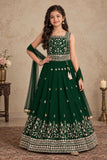 Girls Emerald Green Floral Zari Embroidered Lehenga Choli Set With Dupatta