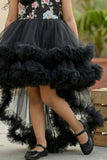 Black Party Frock with Floral Bodice and Ruffled Hemline And Tailback For Girls