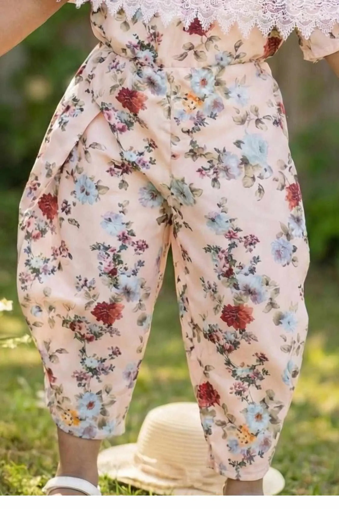 Peach Floral Printed Jumpsuit For Girls
