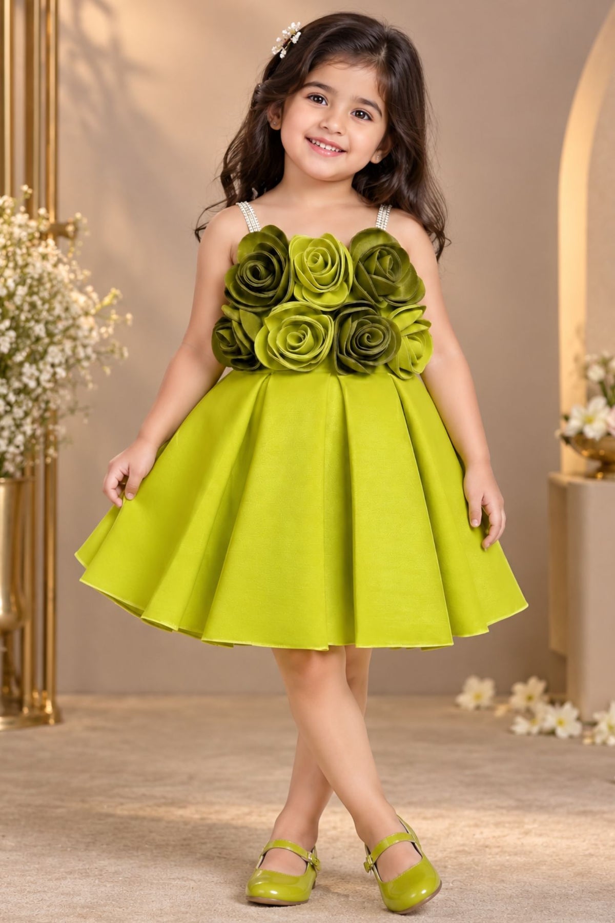 Lime Green Floral Appliqué Party Wear Frock with Pleated Skirt For Girls