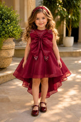 Girls Maroon Statement Bow With Pearl Embellished Tail Back Party Wear Frock