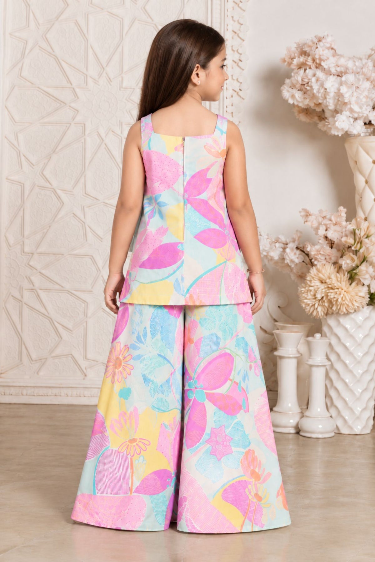 Girls Vibrant Aqua Blue Multicolor Floral Printed Palazzo Set