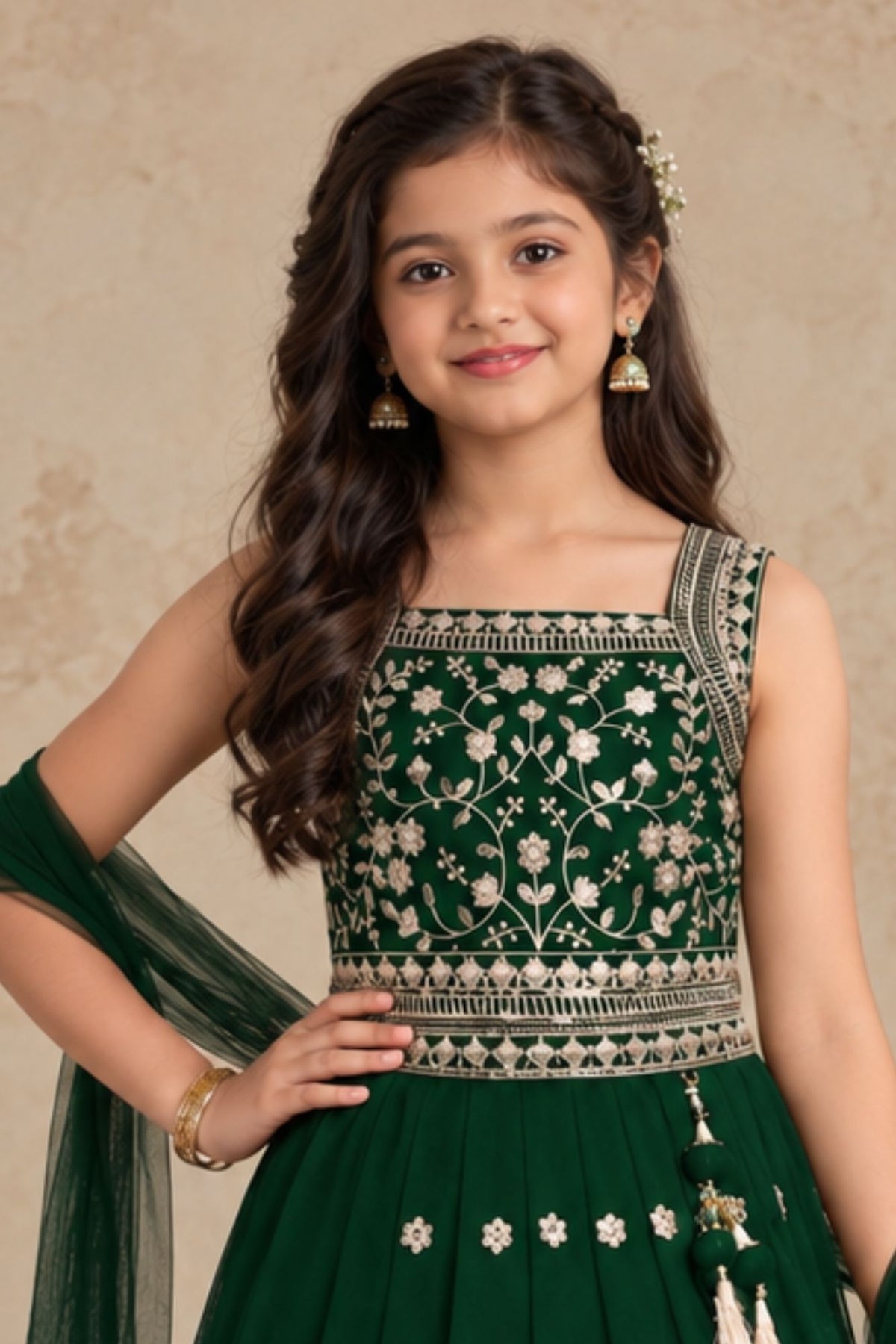 Girls Emerald Green Floral Zari Embroidered Lehenga Choli Set With Dupatta