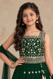 Girls Emerald Green Floral Zari Embroidered Lehenga Choli Set With Dupatta