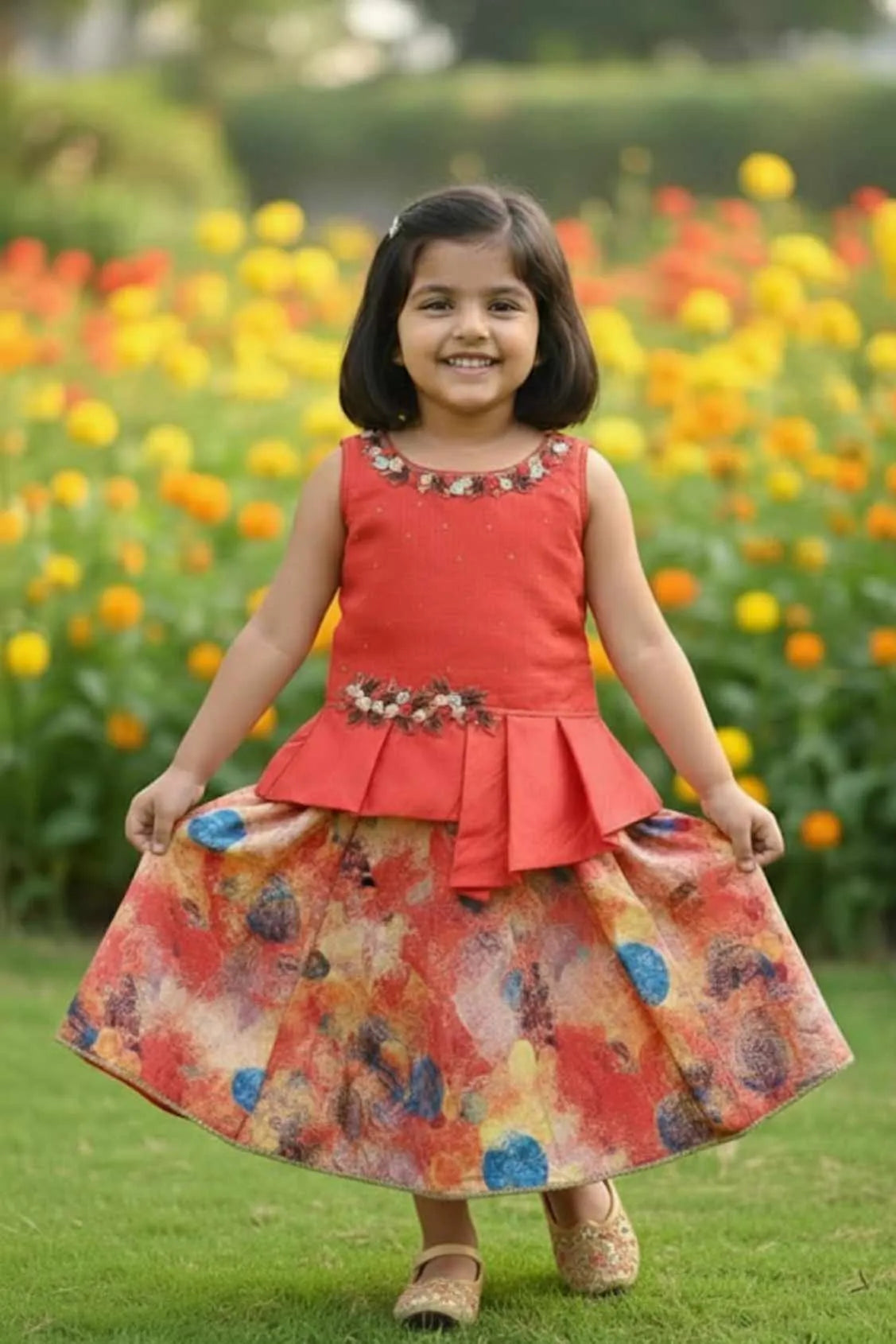 Multicolor Floral Print Lehenga Choli Set for Girls