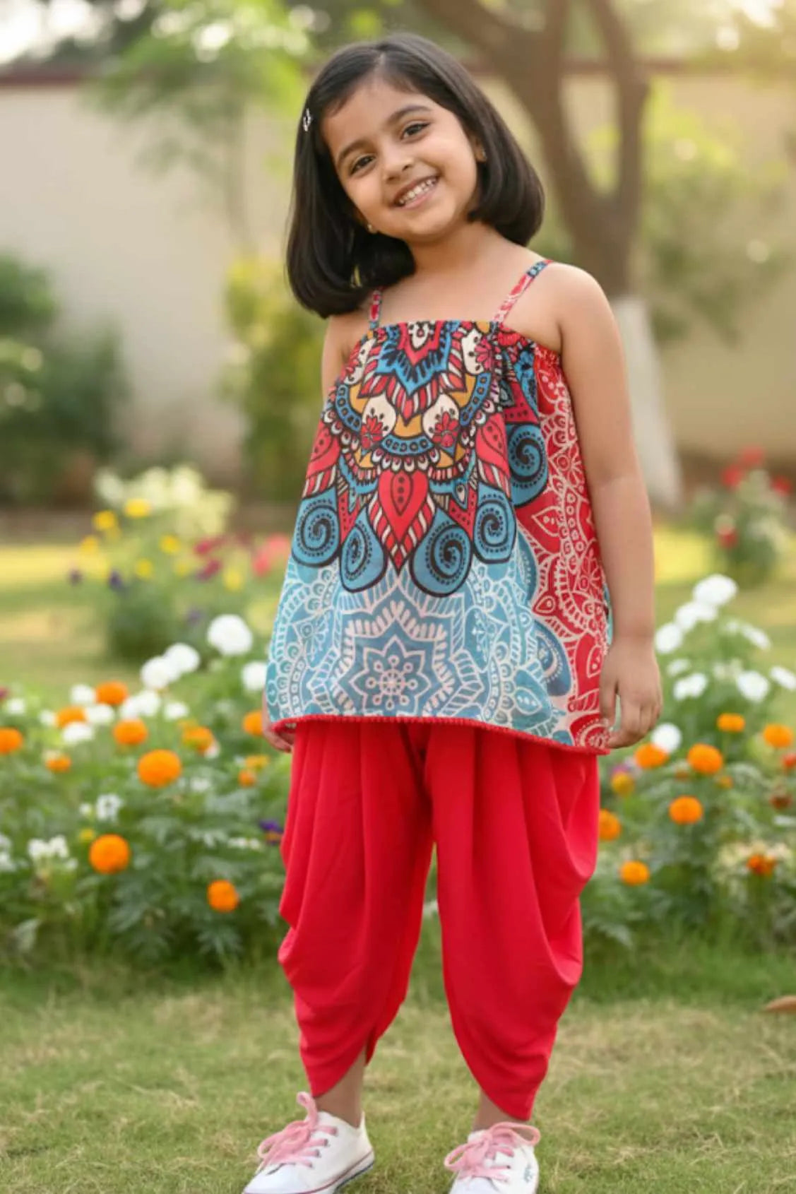 Multicolor Top And Dhoti Pants Set For Girls