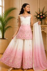 White And Pink Ombre Embroidered Palazzo Set With Dupatta For Girls
