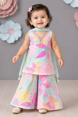 Vibrant Aqua Blue Multicolor Floral Printed Palazzo Set For Girl