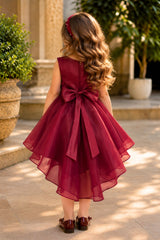 Girls Maroon Statement Bow With Pearl Embellished Tail Back Party Wear Frock