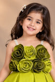 Lime Green Floral Appliqué Party Wear Frock with Pleated Skirt For Girls