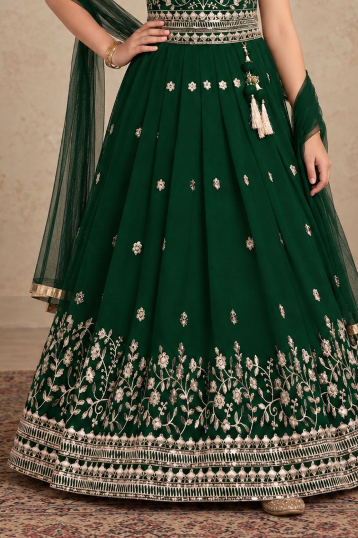 Girls Emerald Green Floral Zari Embroidered Lehenga Choli Set With Dupatta