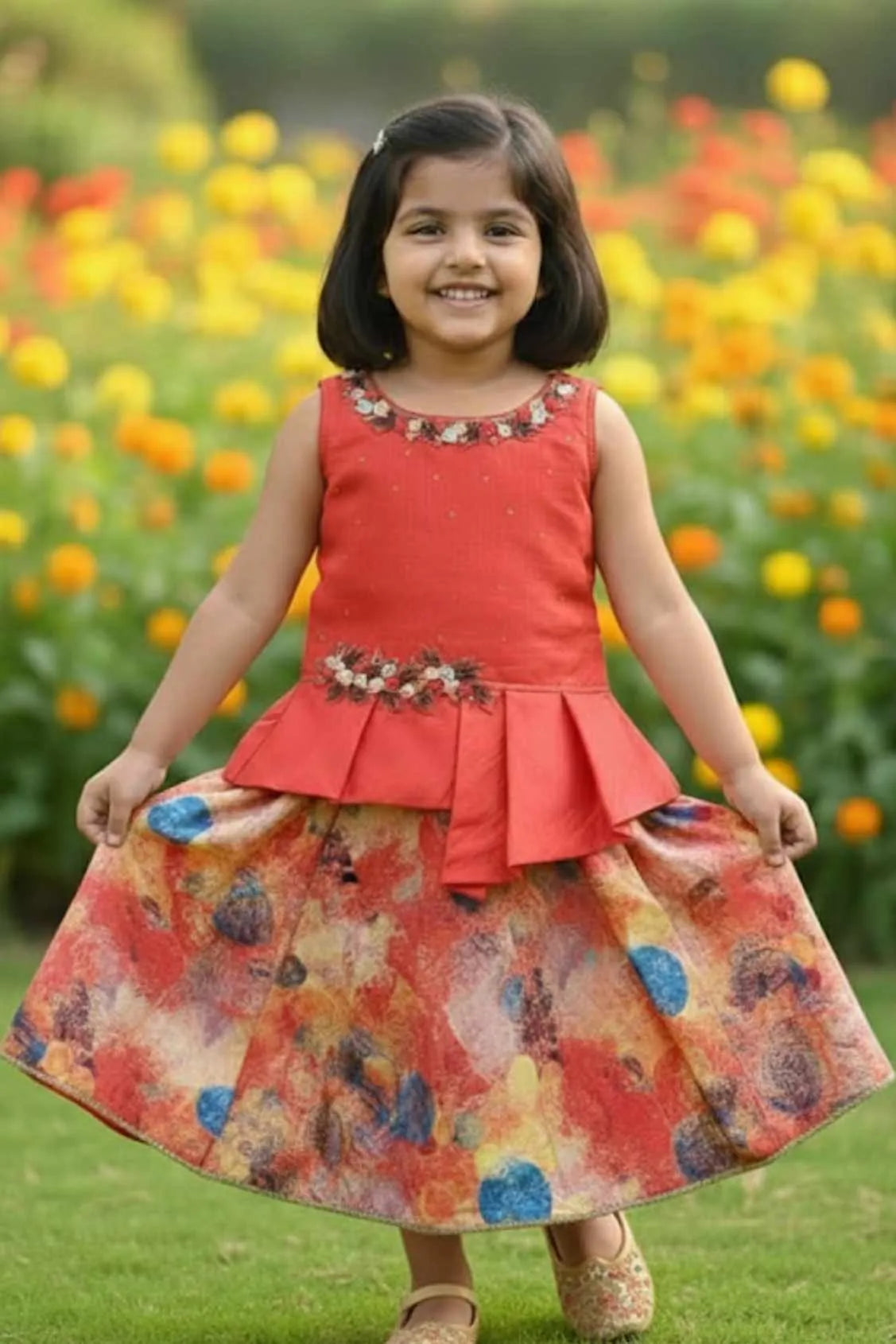 Multicolor Floral Print Lehenga Choli Set for Girls
