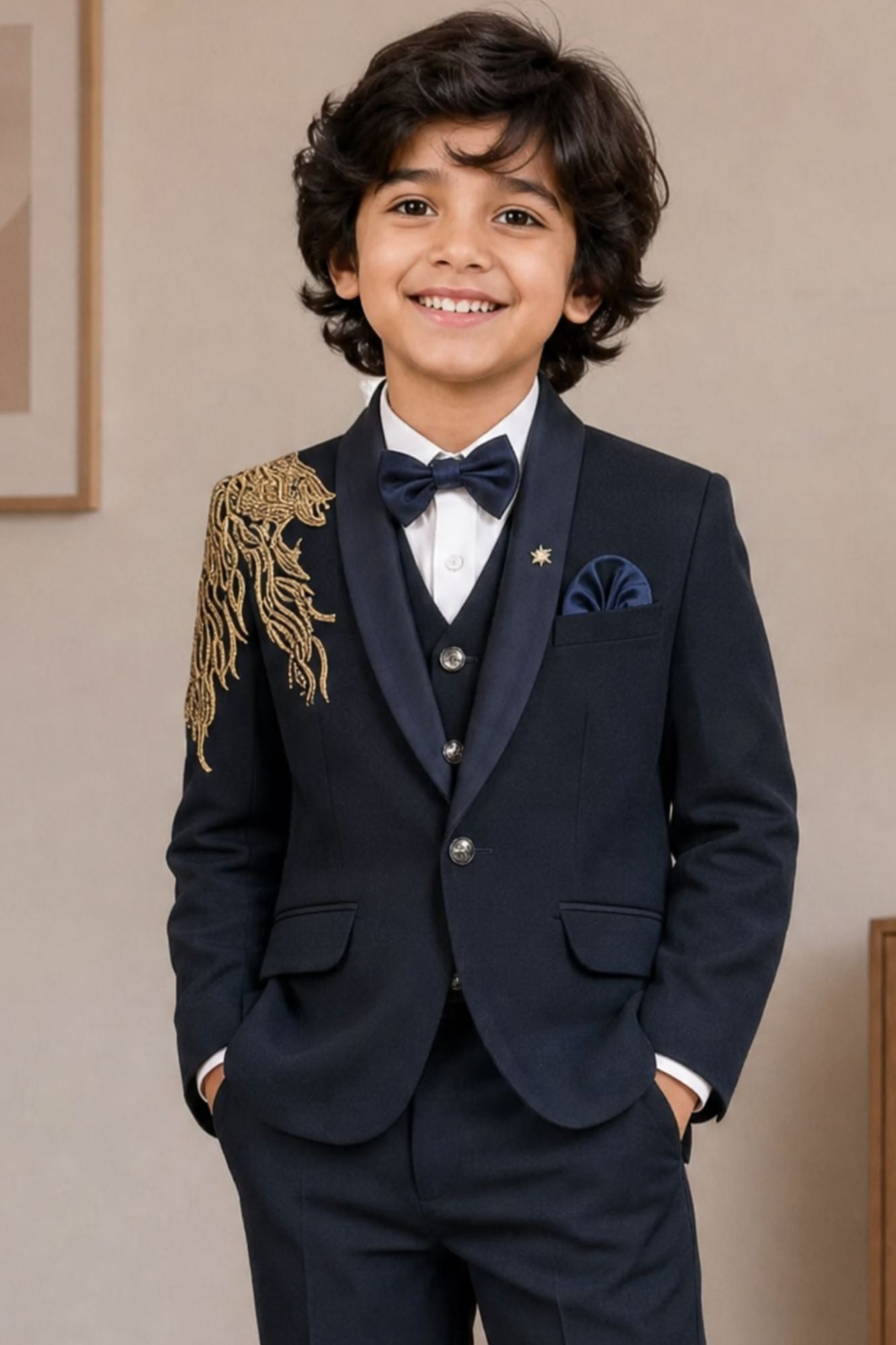 Boys Navy Blue Embroidered Coat Suit With Waistcoat And Bow Tie