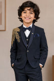 Boys Navy Blue Embroidered Coat Suit With Waistcoat And Bow Tie