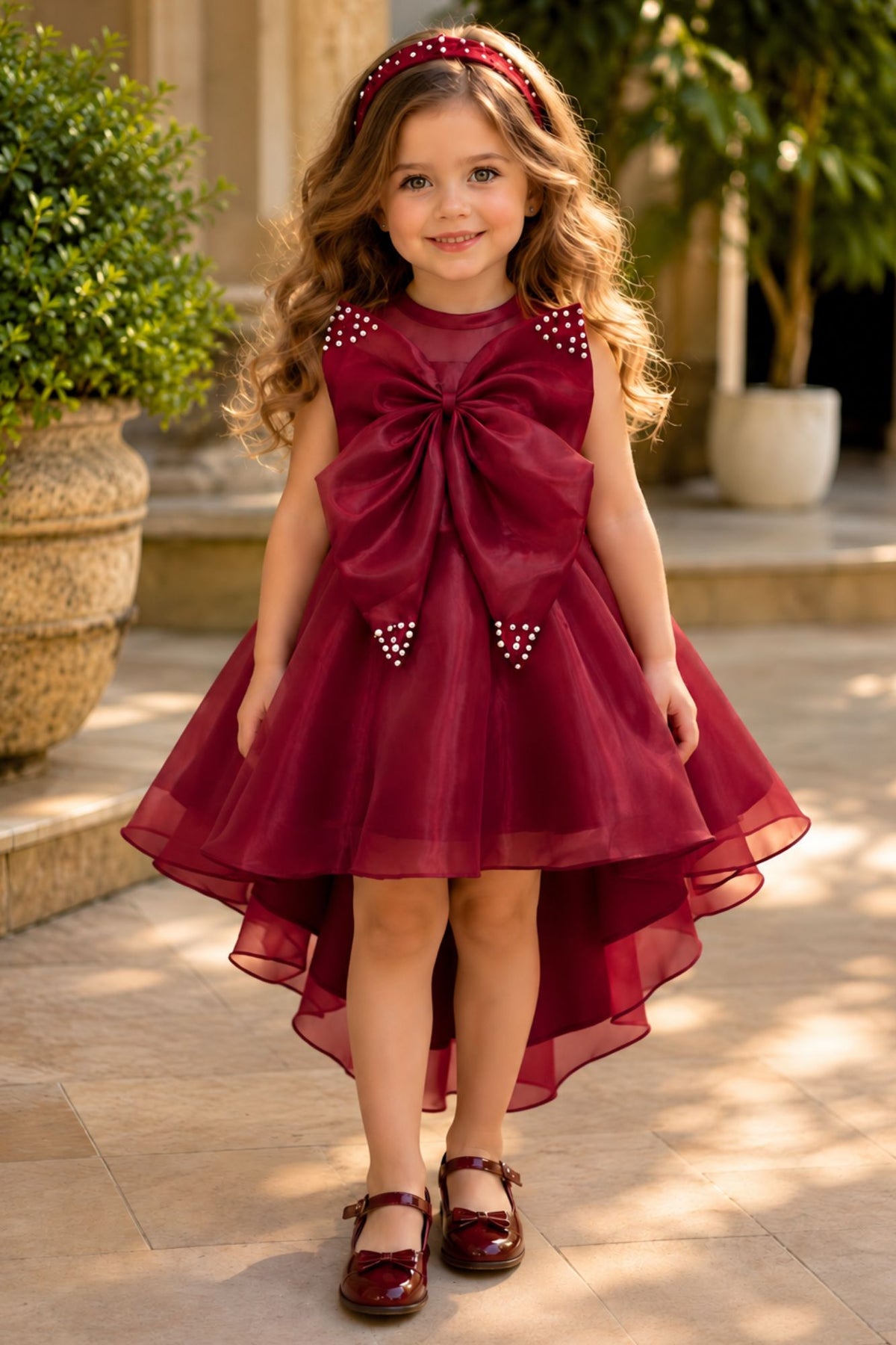 Girls Maroon Statement Bow With Pearl Embellished Tail Back Party Wear Frock