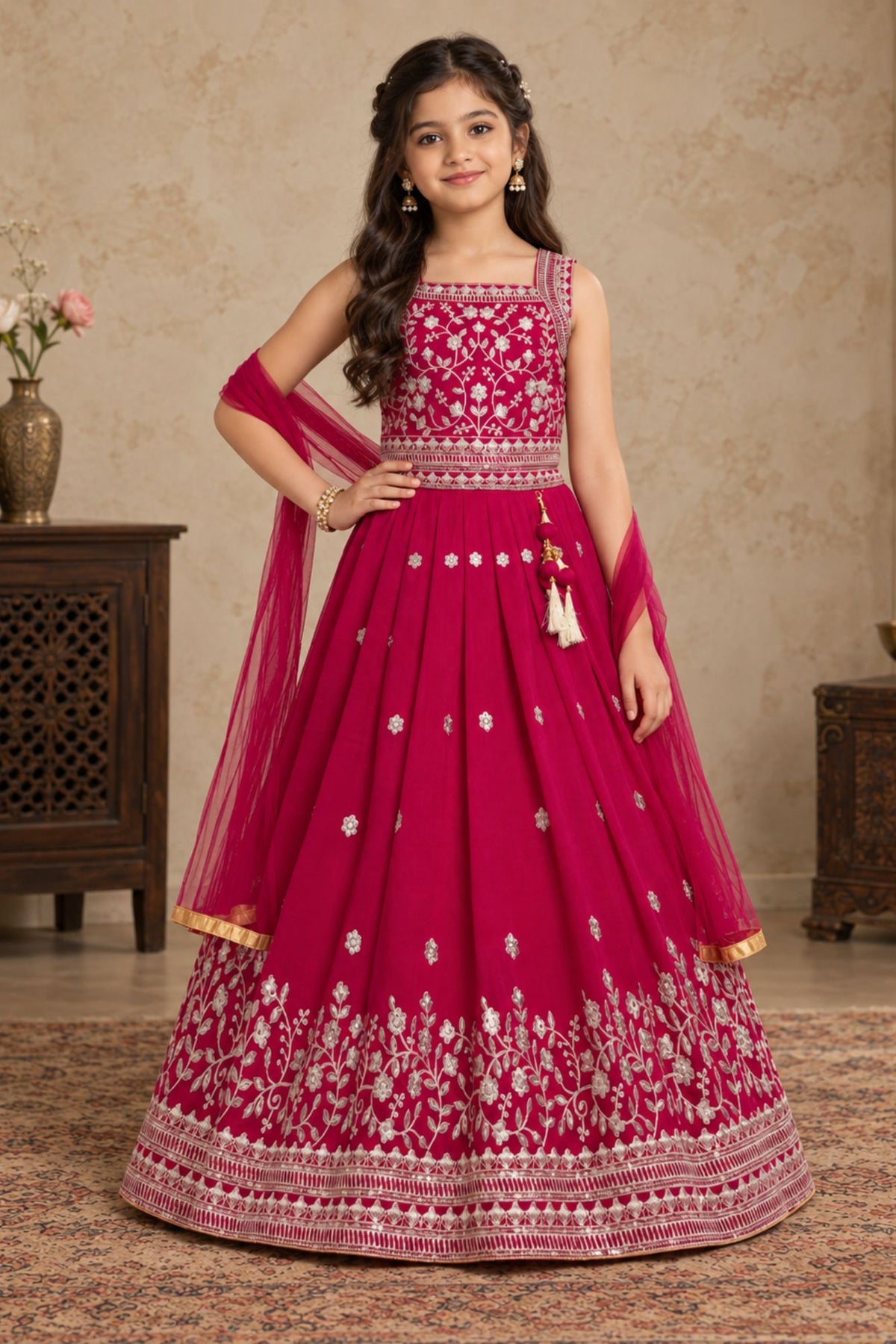 Girls Rani Pink Floral Zari Embroidered Lehenga Choli Set With Dupatta