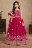 Girls Rani Pink Floral Zari Embroidered Lehenga Choli Set With Dupatta