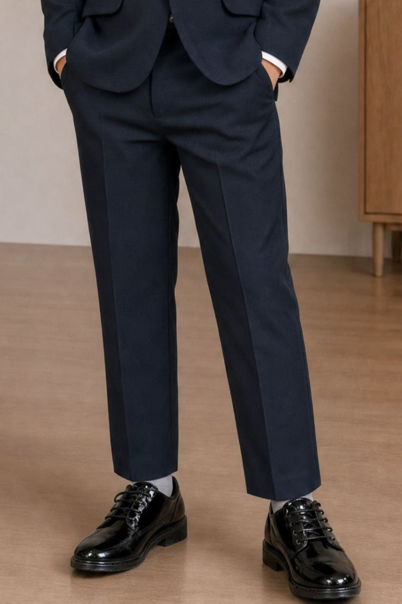 Boys Navy Blue Embroidered Coat Suit With Waistcoat And Bow Tie