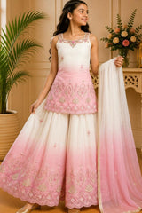 White And Pink Ombre Embroidered Palazzo Set With Dupatta For Girls