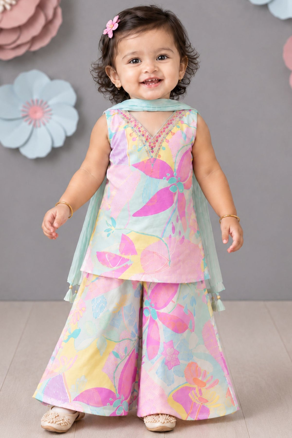 Vibrant Aqua Blue Multicolor Floral Printed Palazzo Set For Girl