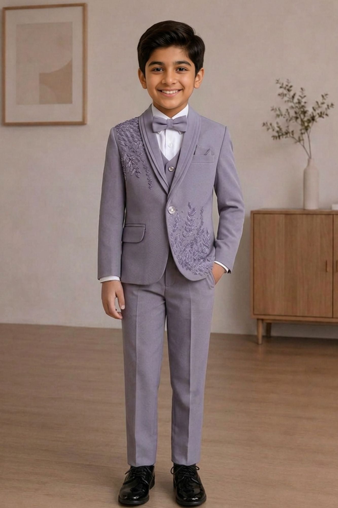 Boys Lavender Embellished Coat Suit With Waistcoat And Bow Tie