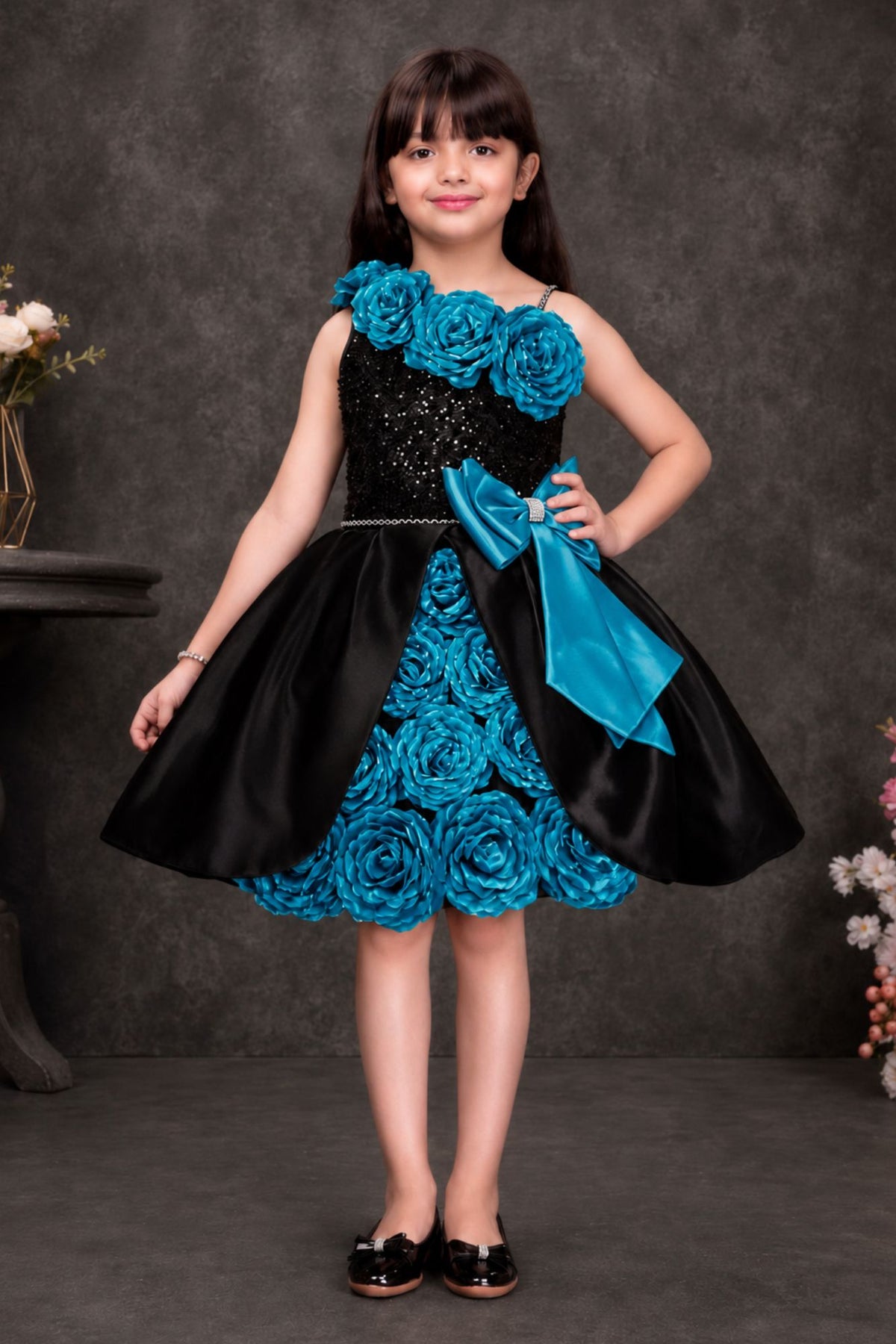 Black & Teal Floral Party Wear Frock with Statement Bow