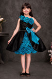 Black & Teal Floral Party Wear Frock with Statement Bow