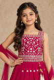 Girls Rani Pink Floral Zari Embroidered Lehenga Choli Set With Dupatta