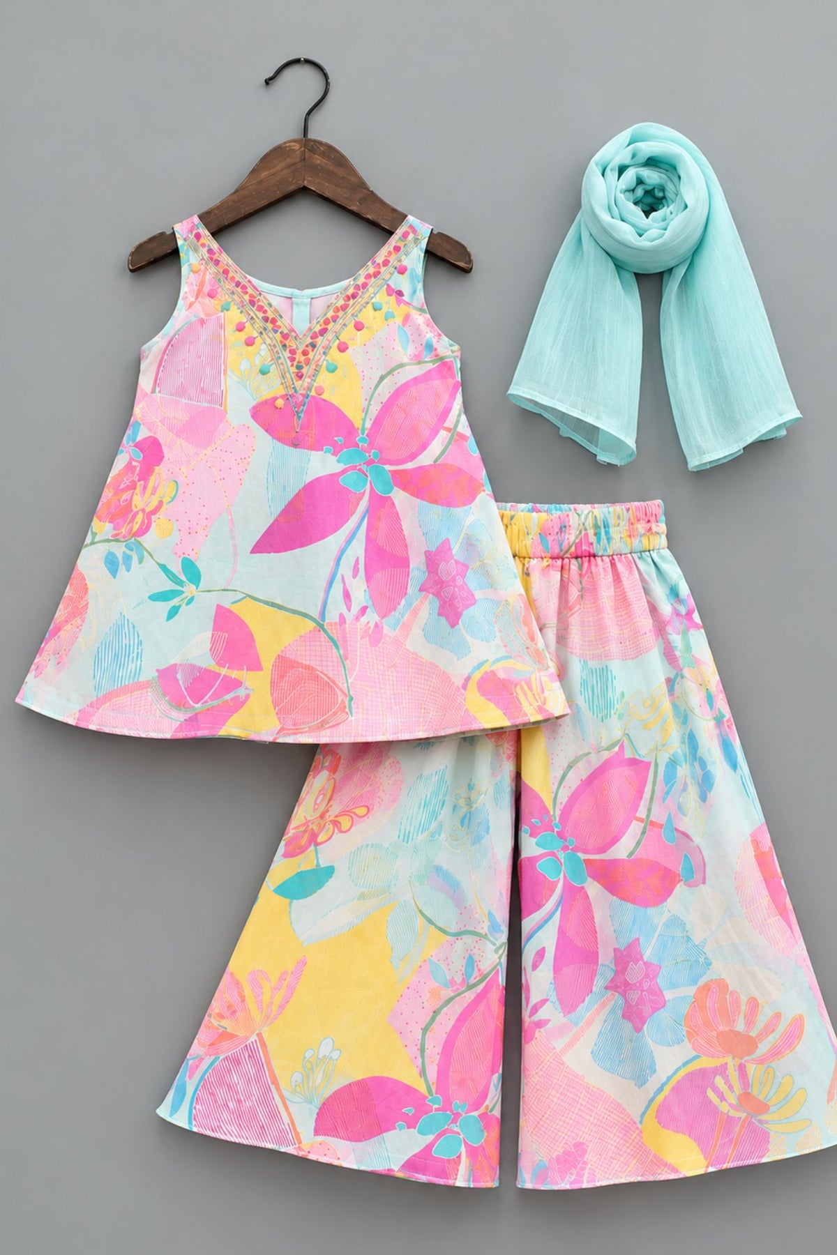 Vibrant Aqua Blue Multicolor Floral Printed Palazzo Set For Girl