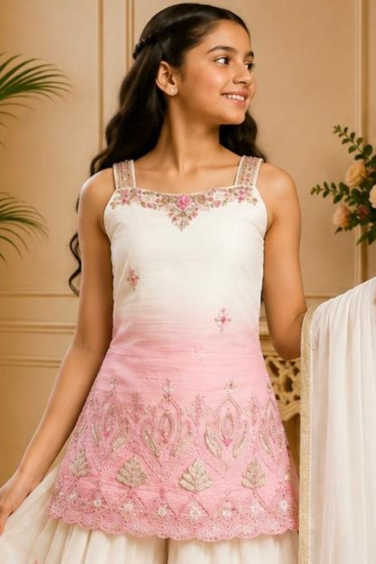 White And Pink Ombre Embroidered Palazzo Set With Dupatta For Girls