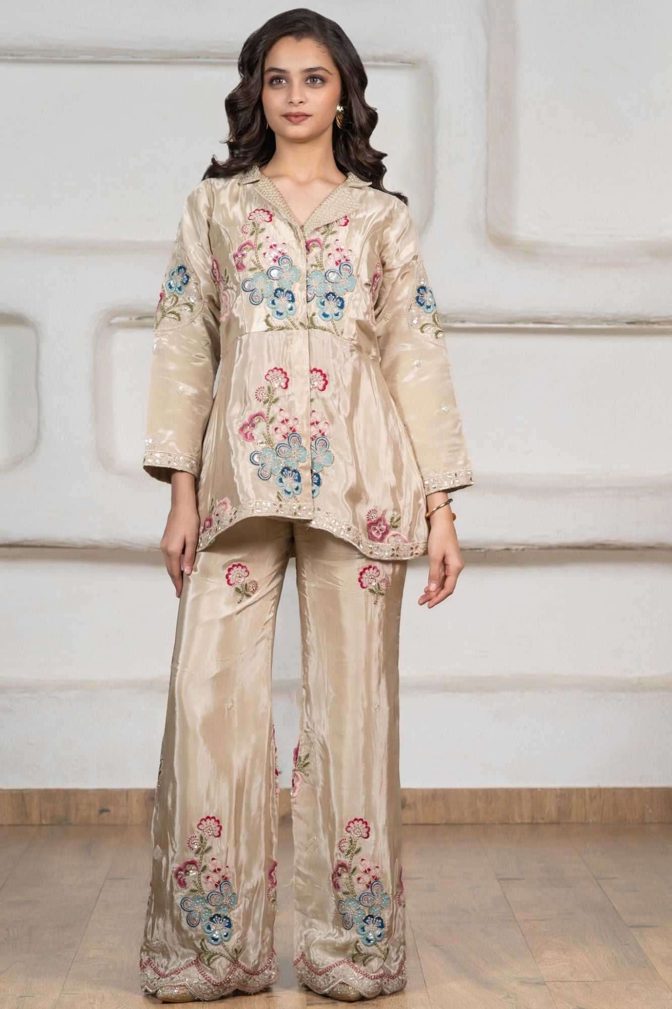 Girls Fawn Floral Embroidered Palazzo Set