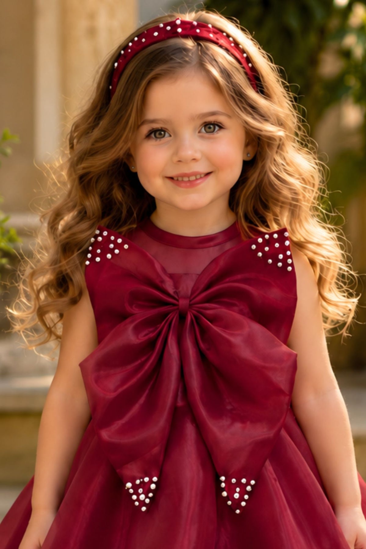 Girls Maroon Statement Bow With Pearl Embellished Tail Back Party Wear Frock