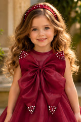 Girls Maroon Statement Bow With Pearl Embellished Tail Back Party Wear Frock