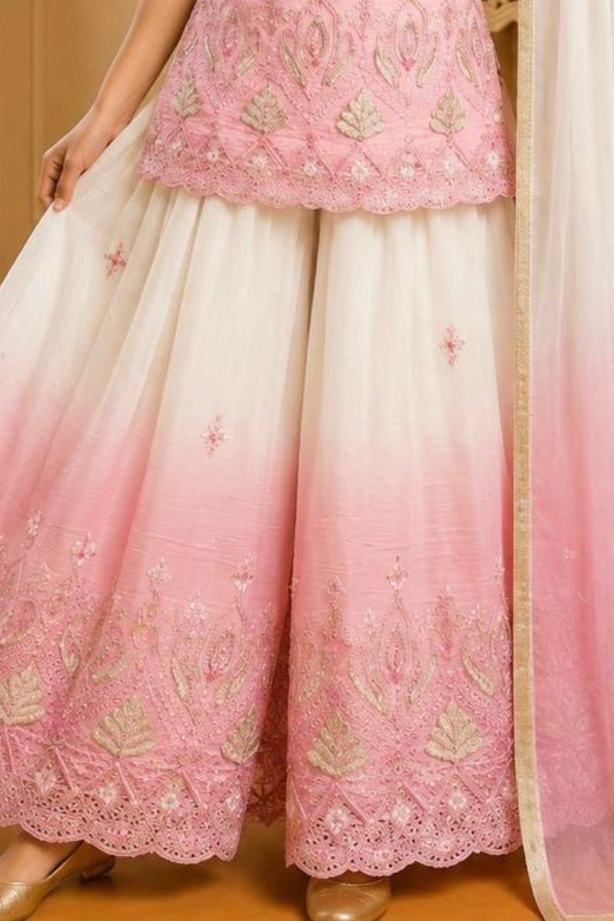 White And Pink Ombre Embroidered Palazzo Set With Dupatta For Girls