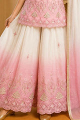 White And Pink Ombre Embroidered Palazzo Set With Dupatta For Girls