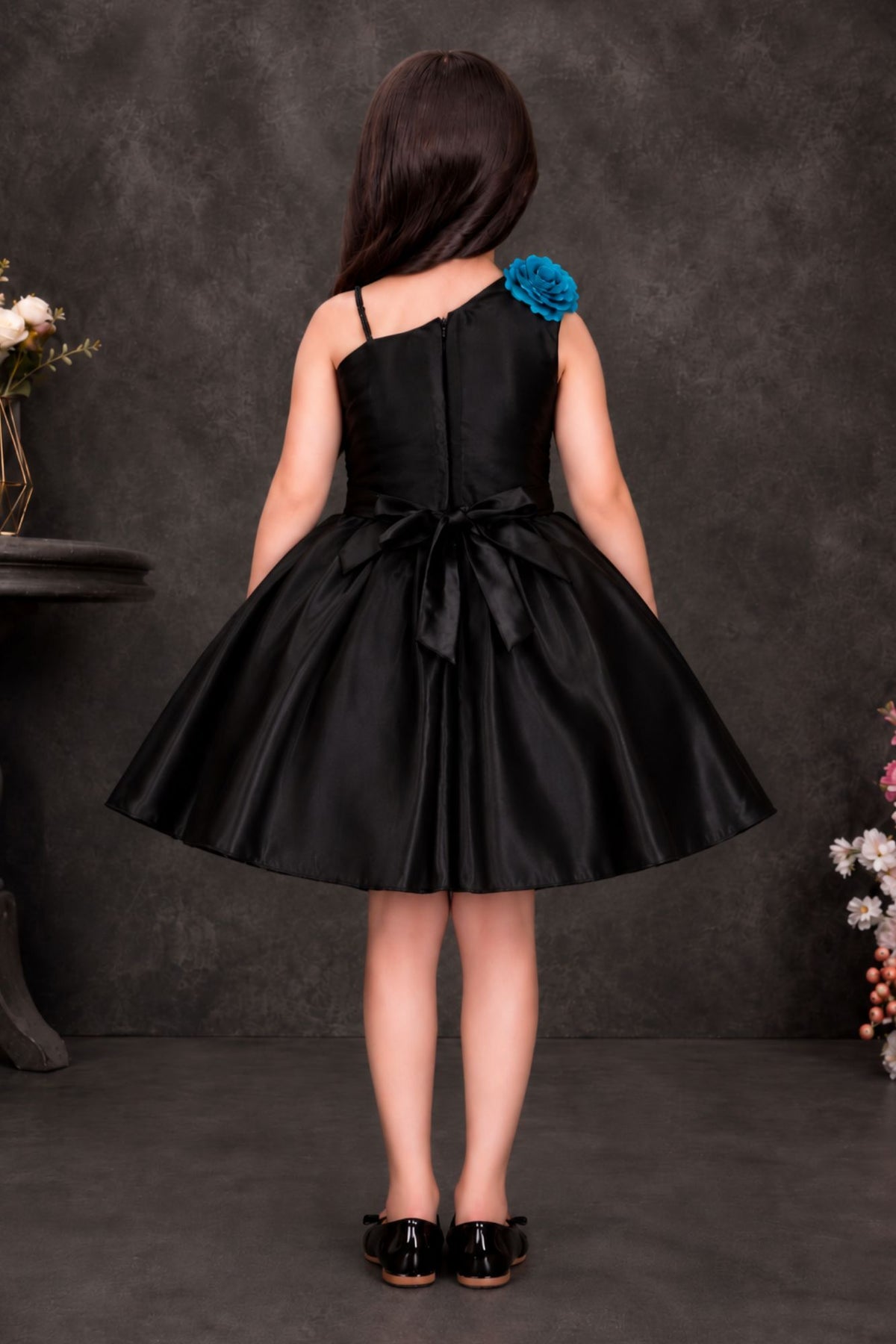 Black & Teal Floral Party Wear Frock with Statement Bow