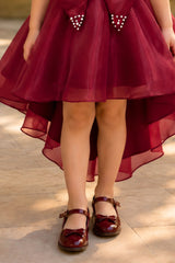 Girls Maroon Statement Bow With Pearl Embellished Tail Back Party Wear Frock