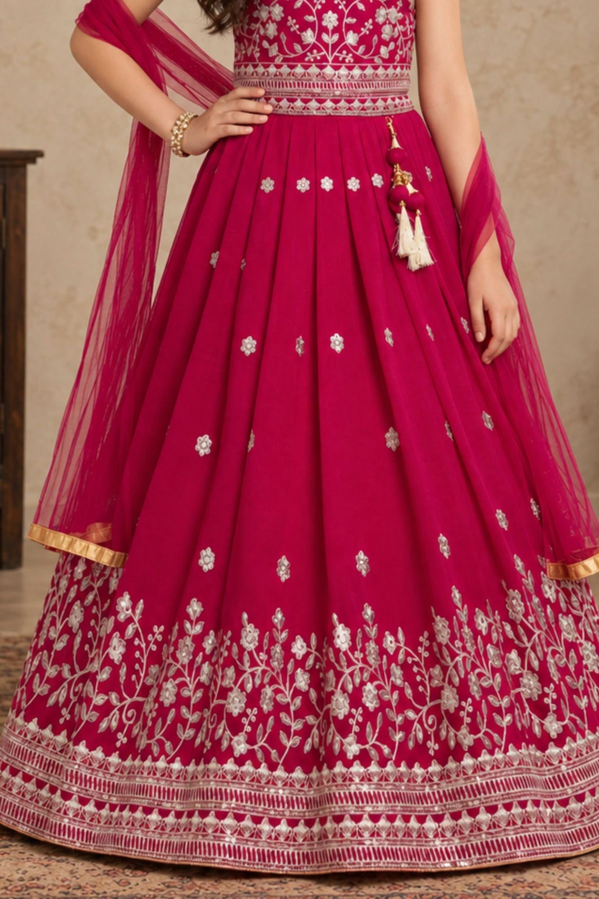 Girls Rani Pink Floral Zari Embroidered Lehenga Choli Set With Dupatta