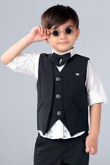 Black Waistcoat With White Shirt And Black Textured Pant Set For Boys