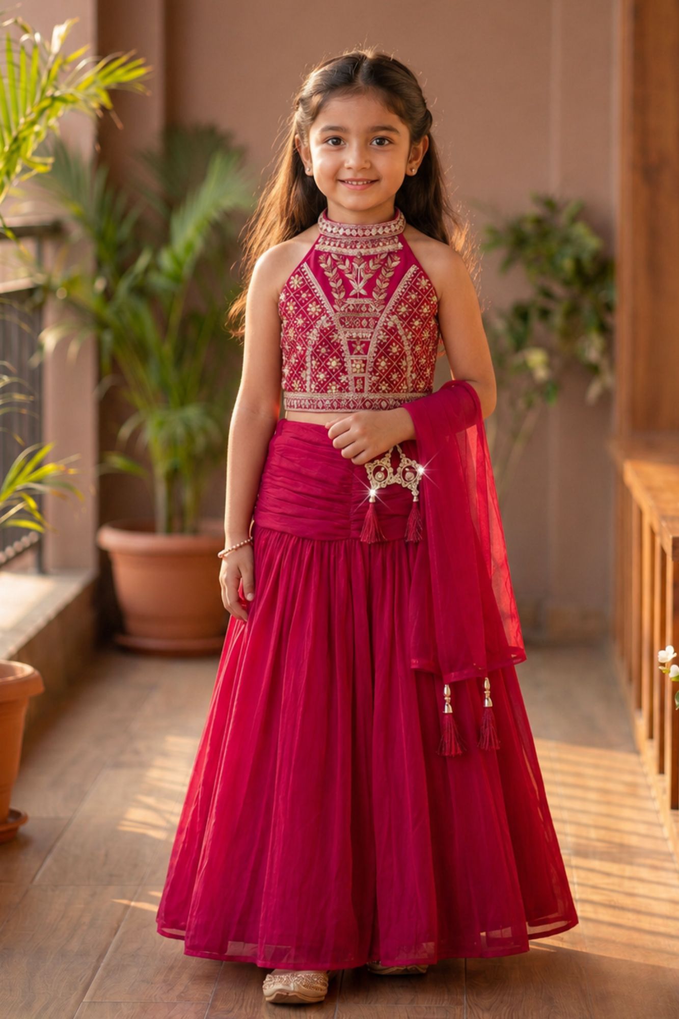 Girls Rani Pink  Embroidered Halter Neck Choli Set with Dupatta