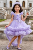Girls Lavender Ruffle Tailback Party Dress With Pearl And 3D Floral Work Detail