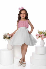 Onion Pink Sleeveless Pleated Frock With Hair Band For Girls