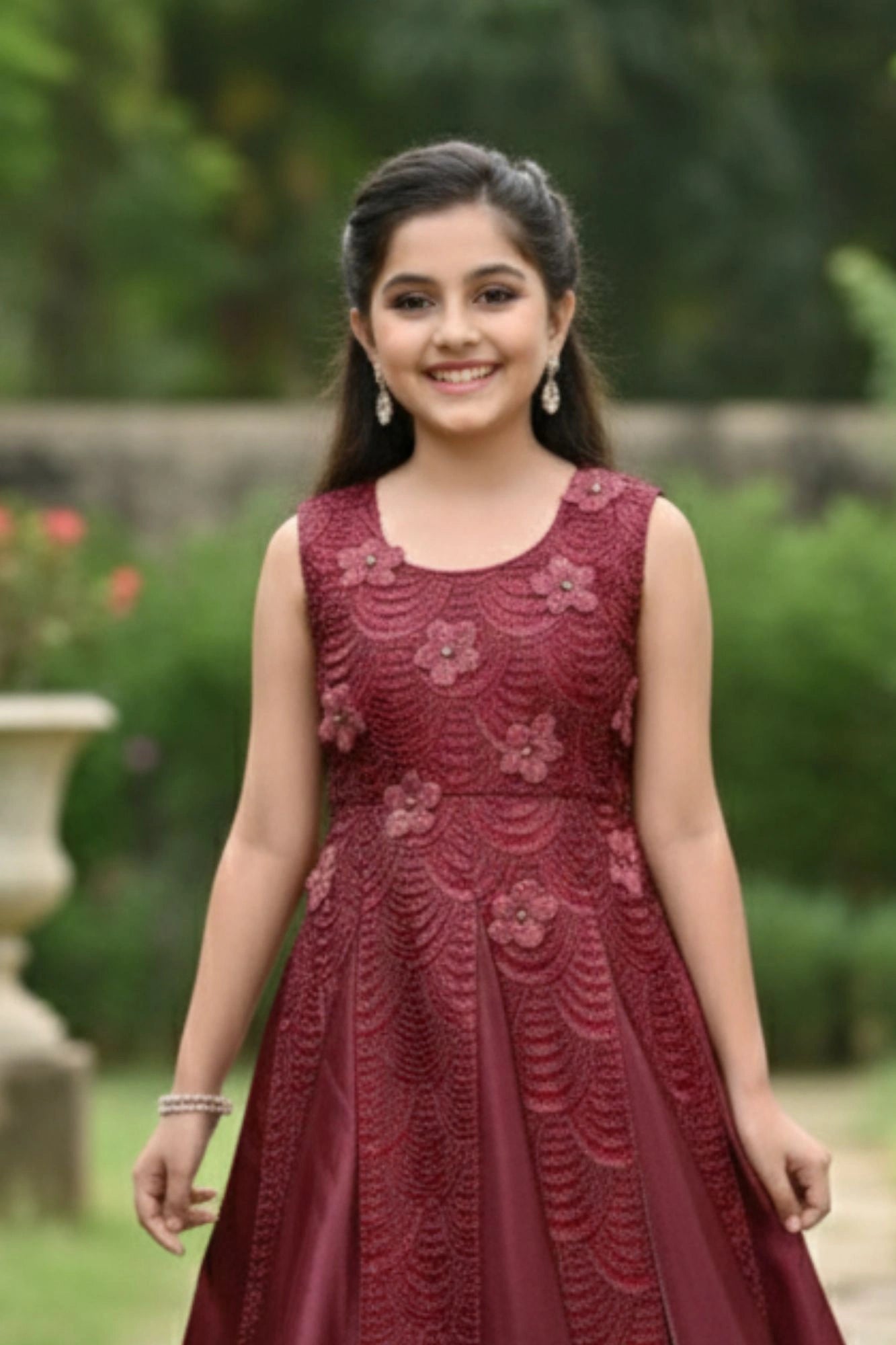 Designer Maroon Embroidered Royal Party Gown For Girls