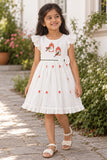 Girls White Bird Motif Embroidered Ruffle Sleeve Flared Dress
