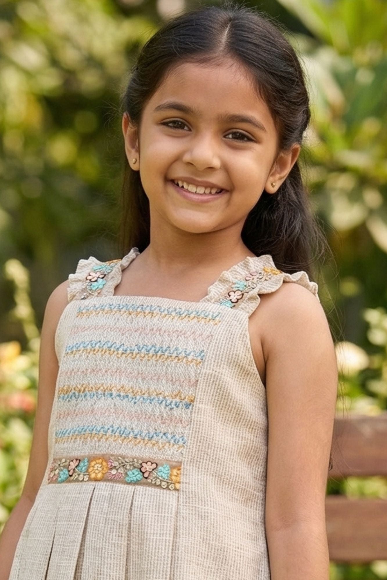 Beige Embroidered Frock With Pleats For Girls